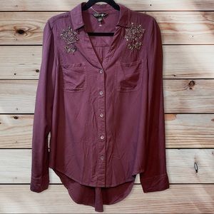 Rock & Republic - Thorn & Petal Burgundy beaded button up top